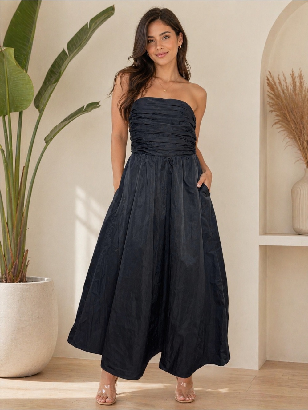 Prabal Gurung Strapless Black Ruched Midi Dress